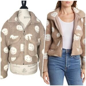 Elodie | Women | Smiley Face Faux Shearling Mock Neck Full Zip Jacket | Small